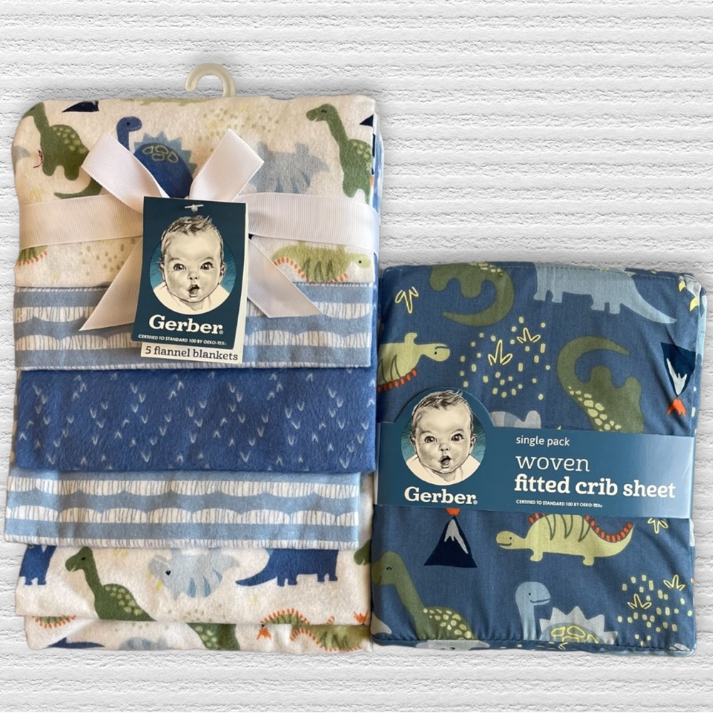 Dinosaur Crib/ Toddler Bed Sheet | 5 Flannel Receiving Blankets | Gerber | NWT